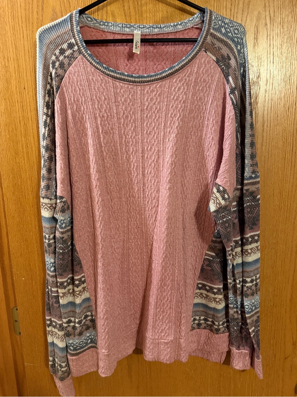 Celeste Dusty Rose Pullover with Patterned Raglan Sleeves